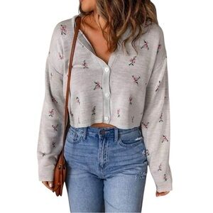 BP Nordstrom Floral Button-Up Cropped Cardigan Size Medium Cottage Gray Pink